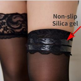 Sexy Lace Stockings Transparent Knee High Socks Thigh Long with Antislip Stocking for Women Erotic 240111