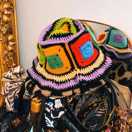 Berets 2024 Women's Handmade Crochet Bucket Hats Y2k Fashion Summer Beach Hat Korean Hollow Knitted
