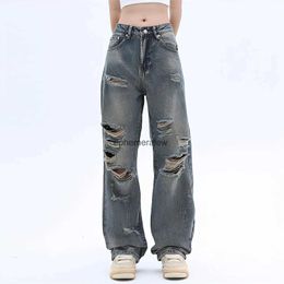 Women's Jeans Pants Capris Ladies Ripped Loose Wide Leg Y2k New Washed Straight Korean Retro Street Style Denim Trousers Womens