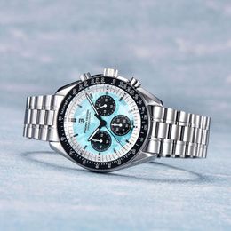 meteorite Pattern Ice Blue Multi Functional Timing High End Precision Steel Night Light Waterproof Ceramic Ring Men s Watch