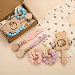 1Set Boxed Baby Silicone Pacifier Clip Chain Teether Beads Bracelet Wood Ring Wooden Handheld Rattle Cotton Bibs Care Toys 240111