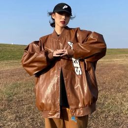 American Retro Letter Embroidery Leather Jacket Coat Women Y2K Street hip-hop Trend Baseball Suit Couple Casual Leather Jacket 240111