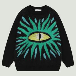 Hip Hop Oversized Ugly Knitted Sweaters Men Harajuku Eye Pattern Embroidery Jumper Retro Casual Loose ONeck Y2K Pullover Unisex 240112