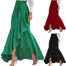 WomenS High Waist Skirt Ruffle Hem Back Elastic Mermaid Prom Party Maxi Dress Faldas 240112