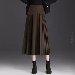 Skirts Women Chic Thick Woolen Spliced Long Pleated Skirt Autumn Winter Office Lady Elegant Loose Casual A-line Black M-4XL 2899