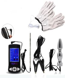 TENS Electro Sex Kit Penis Urethral Sounds Electronic Pulse Massager Vagina Anal Plug Estim Gloves Electric Clamp for Men Y191104332301