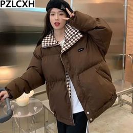 Women's Trench Coats Cotton Coat Winter Jacket Female Loose Chessboard Grid Parkas Large Size Short Outwear Warm Thick Stand Collar Overcoat