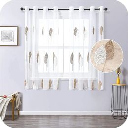 LISM Modern Leaf Embroidery Short Sheer Curtain for Living Room Bedroom Kids Cortinas Tulle Kitchen Window Treatment Drapes 240111