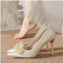 Dress Shoes Size 30-44 Point Toe Satin Wedding Pearls Flower Bridesmaid