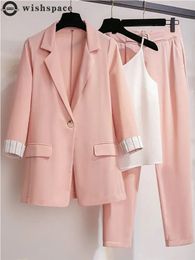 spring plus size Korean elegant women's suit female blazer leisure pants Tweed suit jacket three piece jacket pants set 240112