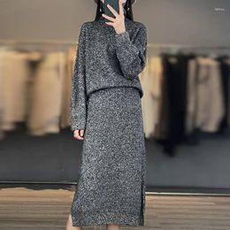 Women's Sweaters 100 Cashmere Turtleneck Sweater Skirt Suit Floral Yarn Knitted Long Two-piece