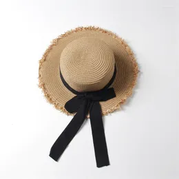 Hats Straw Hat Women Wide Brim Sun Protection Beach Black And Beige Ribbon Bowknot Cap Casual Ladies Flat Top Panama