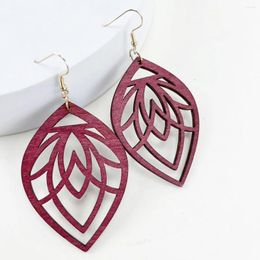 Dangle Earrings Women Lotus Pattern Carving Wood Plant Bohemia Statement Fashion Jewellery Gift