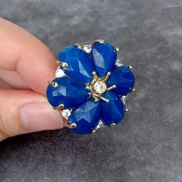 Cluster Rings KKGEM 33mm Blue Jade Cubic Zirconia Flower Shape Ring For Women Girl Friend Gift