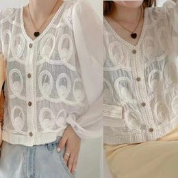 Women's Blouses Women V-Neck Button Up Cropped Cardigan Top Puff Long Sleeve Hollow Out Crochet Lace Patchwork Drop