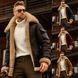 Mens Large Size Dull Polish Velvet Plain Composite Leather Jacket Thick Warm Zipper Plush Woolen Faux Fur Collar Coat Male S-5XL 240112