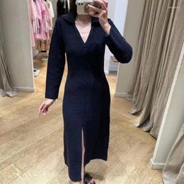 Casual Dresses Office Lady Knitted Solid Maxi Dress For Women V-neck Long Sleeve Loose Elegant Straight High Waist Vestidos