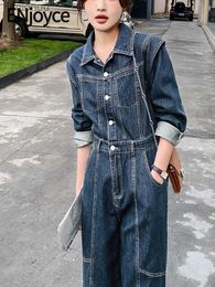 Women's Jumpsuits Rompers ENjoyce 2024 Spring Women Vintage Denim Jumpsuits Korean Fashion Casual Loose Cargo Jeans Playsuit Bodysuits OutfitsL240111