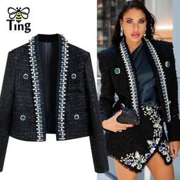 Tingfly Designer Luxury Crystal Short Style Tweed Jacket Coats Lady Winter Autumn High Quality Celebrity Outwear Casual 240112