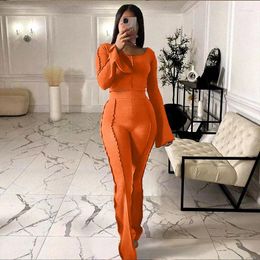 Women's Two Piece Pants Solid Knitted Ribbed Tracksuit Women Outfits Flare Sleeve T-shirt Crop Top And Wide Leg Matching Sets Sport Suit