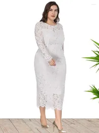 Plus Size Dresses Lace For Women O Neck Long Sleeves High Waist Package Hip Slim Elegant Mature Feminine Leisure Sexy Vestidos