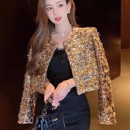 High Street Fashion Fall Winter Womens Oneck Full Sleeve Heavy Industry All Gold Sequins Tweed Short Jacket 240112