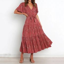 Casual Dresses Ladies Summer Fashion Dress Lace Up Printed V Neck Sexy Short Sleeve Long Dressed For