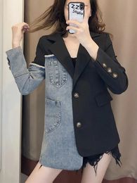 Spring Summer In Outdoor Clothes Jacket Denim Stitching Ladies Suit Lapel Long Sleeve Women's Coat Cardigan Blazer Women Top 240112