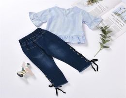 Baby Girls Clothing Set Infant Striped Short Sleeve Top Kids Designer Clothes Toddler Baby Outfits Hole Side Denim Pants Boutique 7406809