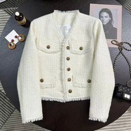 Lucyever French Style Tweed Jacket Coats Women Elegant VNeck Single Breasted Outerwear Woman Korean Fashion Black White Jackets 240112