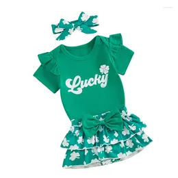 Clothing Sets Baby Girls Shorts Set Short Sleeve Letters Print Romper With Shamrock Skort And Hairband Summer Outfit