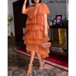 Ethnic Clothing Summer Fashion Style African Dresses For Women 2024 Short Sleeve Orange Knee-length Dress Clothes