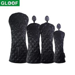 Tees Gloof Golf Skull Skeleton Head Cover Golf Club Black Leather Golf Cover Set Fits Driver Fairway Wood Hybrid Golf Supplies