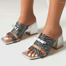 Sandals Open Toe High Heeled Women Shoes Summer Slippers Silver Chunky Heels Slides 2024 Casual Mules Luxury