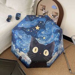 Umbrellas Starry Sky Cat Fully Manual Automatic Five Fold Tri-fold Cute Dog Puppy Umbrella Vinyl Parasol Sun Umbrella Rain or Rain Gear YQ240112