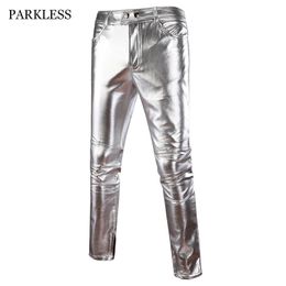 Motorcycle PU Leather Pants Mens Brand Skinny Shiny Gold Silver Black Trousers Nightclub Stage for Singers Dancers 240111