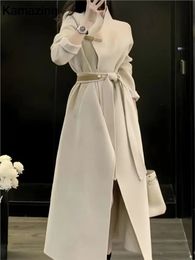 Women's elegant long wool coat with autumn belt winter fashion solid long sleeves fashionable women's casual coat high-quality 240112