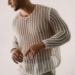 Knit Mesh Top Men Transparent Sexy See Through Men Long Sleeve Tee Streetwear Men's Clothing Fishnet Muscle Undershirts 240112