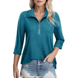 Women's Blouses Womens V Neck Shirts Tops Solid Zipper Collar Women Casual 3/4 Length Sleeve Comfortable Autumn 2024