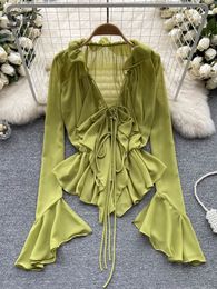 SINGREINY Ruffled Solid Chiffon Blouse Summer Women Flare Sleeve V Neck Drawstring Fashion Ladies Casual Elegant Y2K Shirt 240112