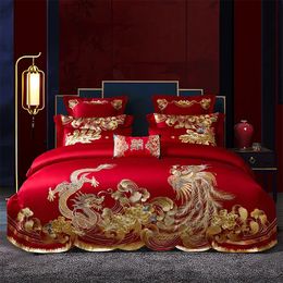 Luxury Red Chinese Wedding Style Bedding Set Gold Loong Phoenix Embroidery Brushed Duvet Cover Bedspread Bed Linen Pillowcases 240112