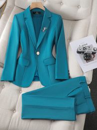 Ladies Blazer And Pant Suit Women Green Purple Blue Black Solid Formal Jacket Trouser Female Business Work Wear 2 Piece Set 240112