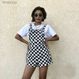 Women's Jumpsuits Rompers Women Vintage Checkerboard Plaid Jumpsuit Suspender Overalls Straps Romper Playsuit Streetwear Casual Shorts One Piece OutfitL240111