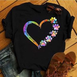 Women T Shirt Cartoon Tops Colorful Heart Dog Paw Print T-shirt Female Summer T-shirt 90s Girls Short Sleeve Tee Black T-shirts