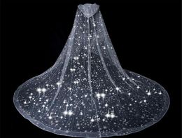 Bridal Veils Bling Veil Wedding Cape White Sparkly Glittering Stars Moon Long Cathedral Sequined Shawl Hooded For Bride Cloak9873721