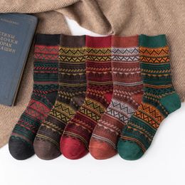 5 Pairs Fashion Double Needle Way Wavy Pinstripe Ethnic Style Men Midtube Socks Winter Vintage Warm Wool 240112