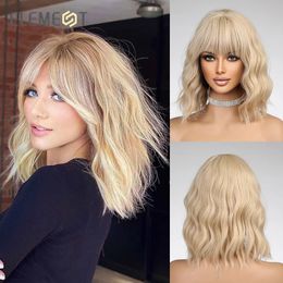 ELEMENT Cute Fashion 16 Inch Golden Blonde Loose Curly Hair Wig with Bangs Lolita Cosplay Party Daily Wigs for Women 240111