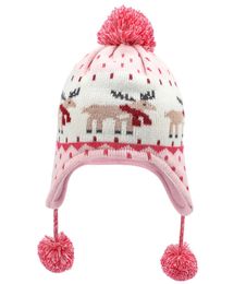 Connectyle Boys Girls Cute Cartoon Deer Warm Beanie Fall Winter Skull Cap Cotton Knit Fleece Lined Kids Earflap Hat With Pom-Pom 240111