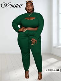 Wmstar Plus Size Pants Sets Fashion Sexy Ribbing Chest Open Cut Solid Legging Matching 3 Piece Set Fall Wholesale Drop 240111