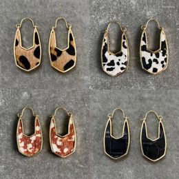 Dangle Earrings Leopard Print Leather Inlay Geometric Angled Oval Hoop For Women Faux Animal Skin Design Statement